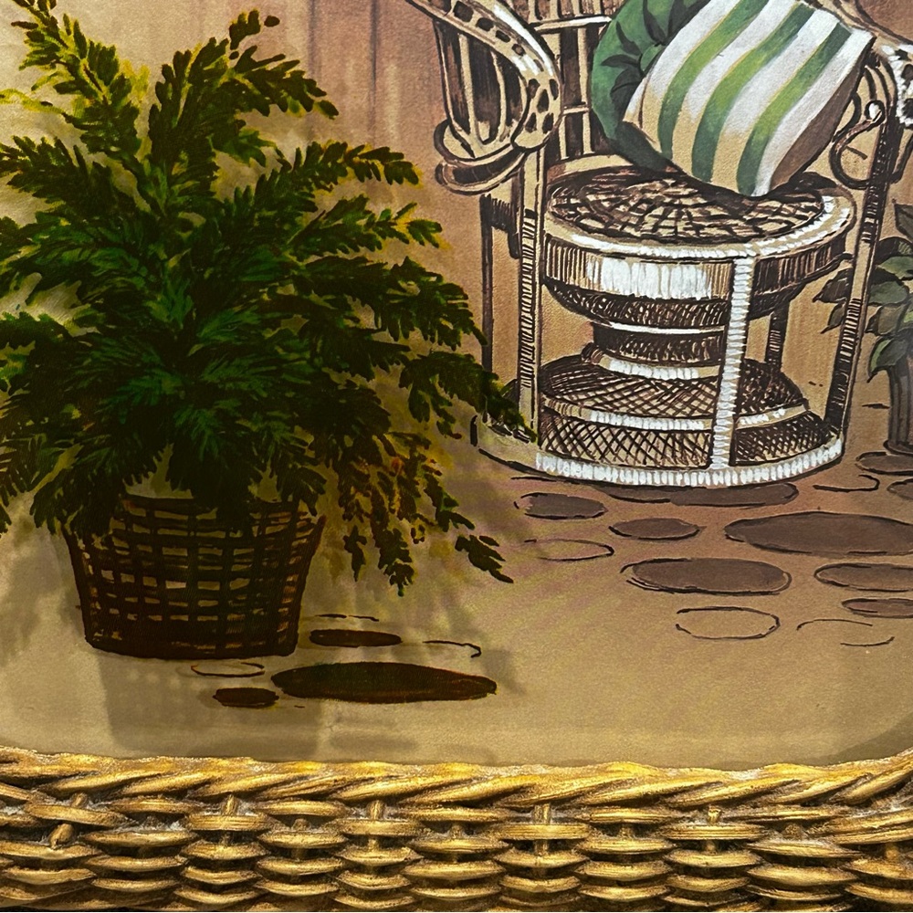 Vintage MCM 3D Peacock Chair Fern Print Rattan Frame Boho Cottagecore Wall Decor - Picture 6 of 11